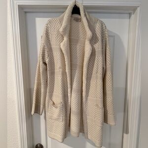 LOFT Cream Open-Front Textured Knit Cardigan with Shawl Collar and Pockets